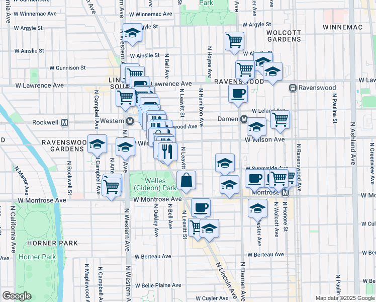 map of restaurants, bars, coffee shops, grocery stores, and more near 4522 North Leavitt Street in Chicago