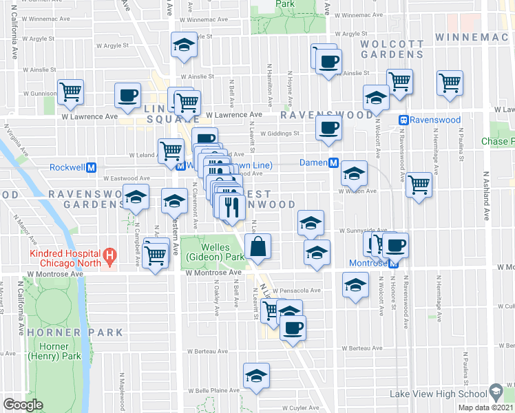 map of restaurants, bars, coffee shops, grocery stores, and more near 4522 North Leavitt Street in Chicago