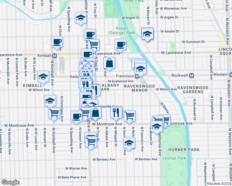 map of restaurants, bars, coffee shops, grocery stores, and more near 4532 North Whipple Street in Chicago