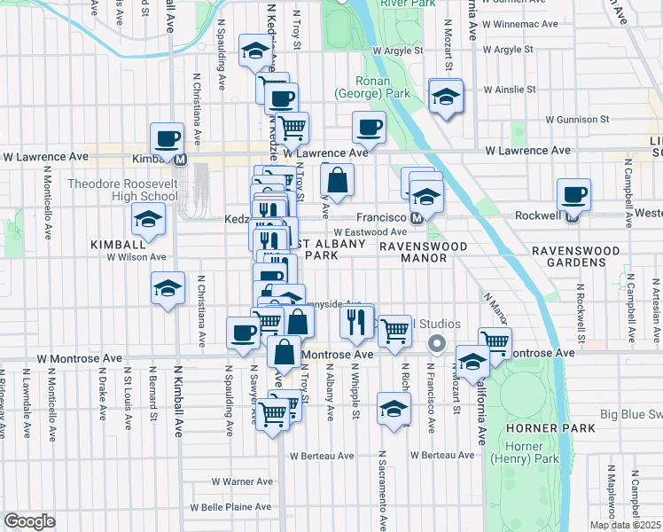map of restaurants, bars, coffee shops, grocery stores, and more near 4532 North Whipple Street in Chicago