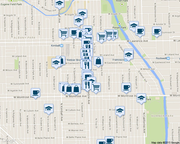 map of restaurants, bars, coffee shops, grocery stores, and more near 4529 North Kedzie Avenue in Chicago