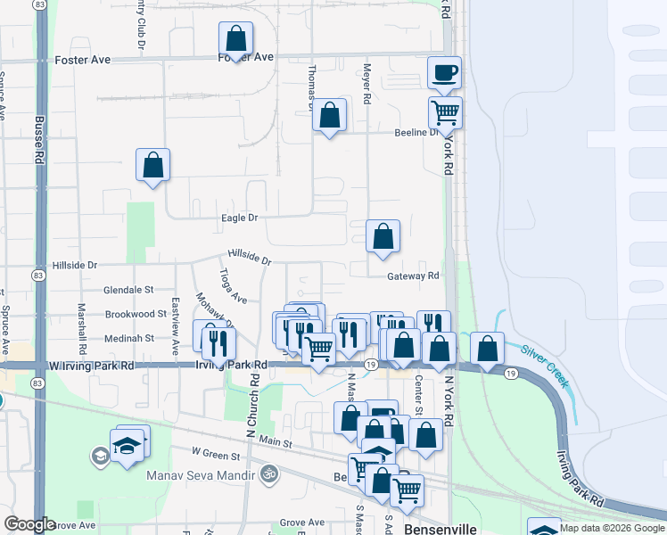 map of restaurants, bars, coffee shops, grocery stores, and more near 390 Hillside Drive in Bensenville