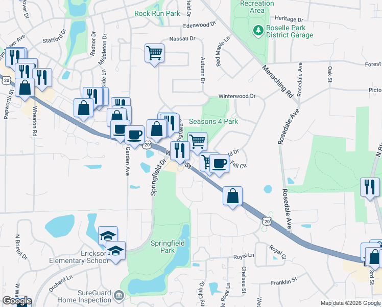 map of restaurants, bars, coffee shops, grocery stores, and more near 266 West Lake Street in Bloomingdale