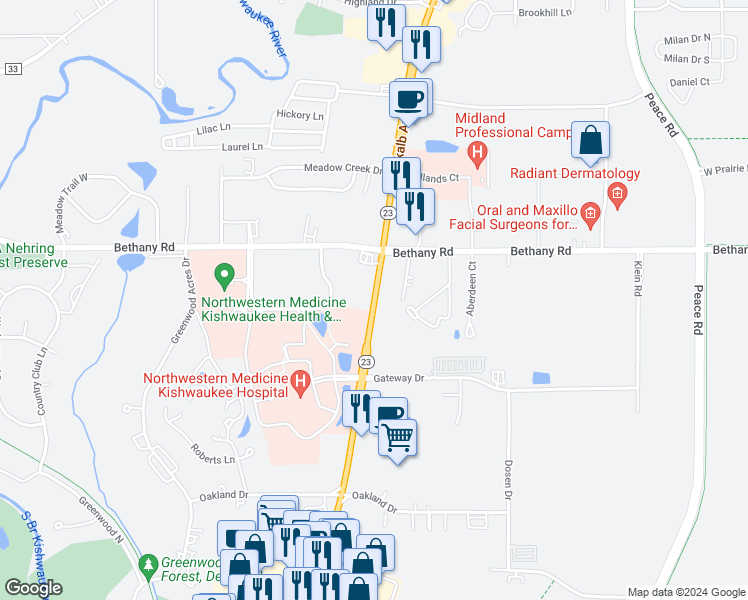 map of restaurants, bars, coffee shops, grocery stores, and more near 3100 Sycamore Road in DeKalb