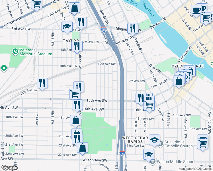 map of restaurants, bars, coffee shops, grocery stores, and more near 1406 M Street Southwest in Cedar Rapids