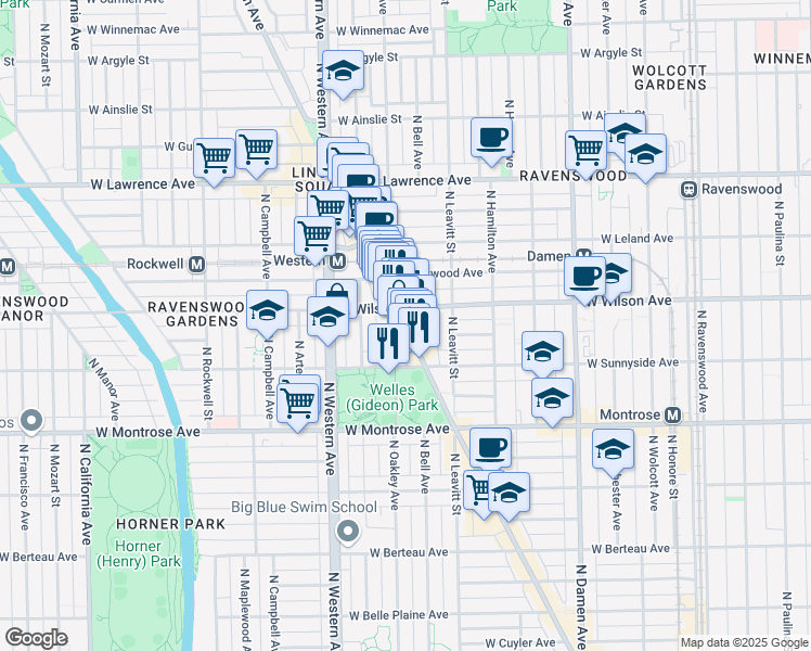 map of restaurants, bars, coffee shops, grocery stores, and more near 4545 North Lincoln Avenue in Chicago