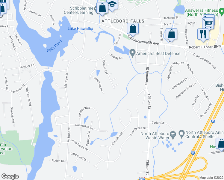 map of restaurants, bars, coffee shops, grocery stores, and more near 103 Dodge Avenue in North Attleborough