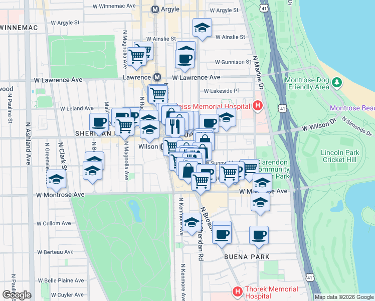 map of restaurants, bars, coffee shops, grocery stores, and more near 4525 North Kenmore Avenue in Chicago