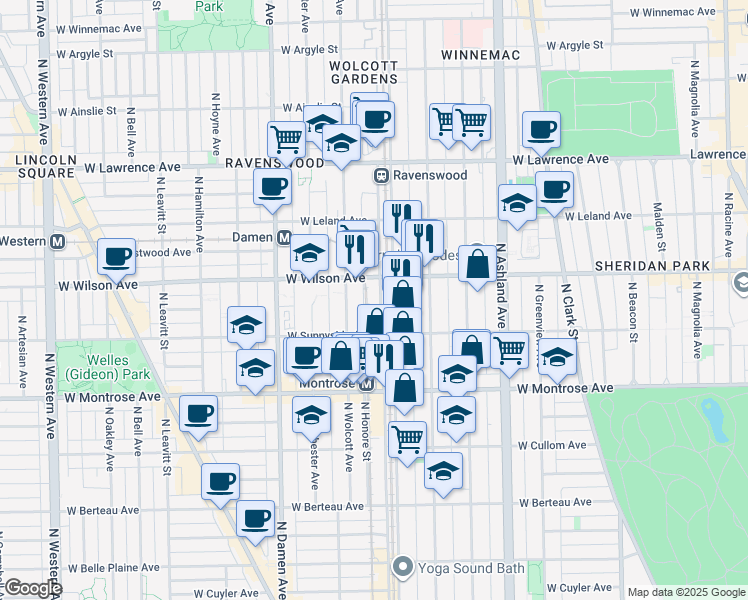 map of restaurants, bars, coffee shops, grocery stores, and more near 4510 North Ravenswood Avenue in Chicago