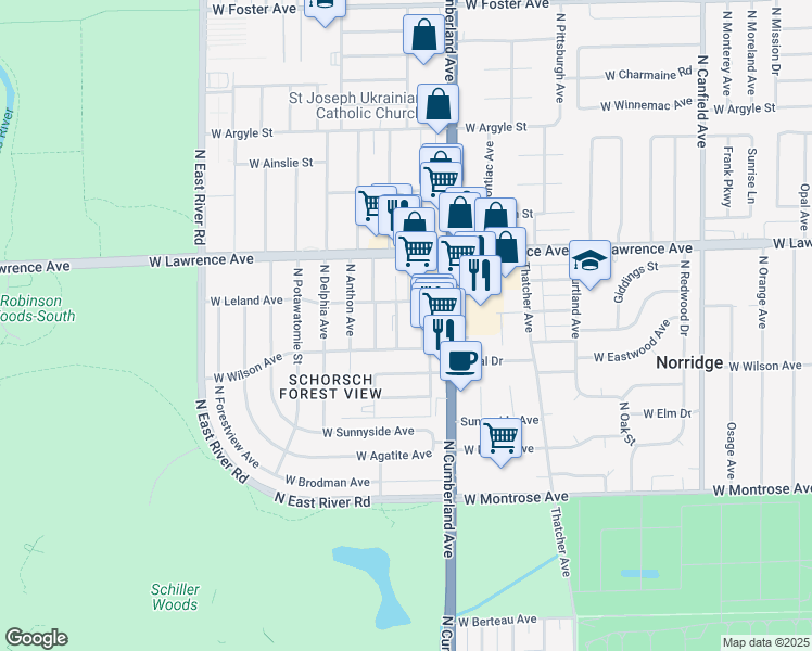 map of restaurants, bars, coffee shops, grocery stores, and more near 4624 North Commons Drive in Chicago
