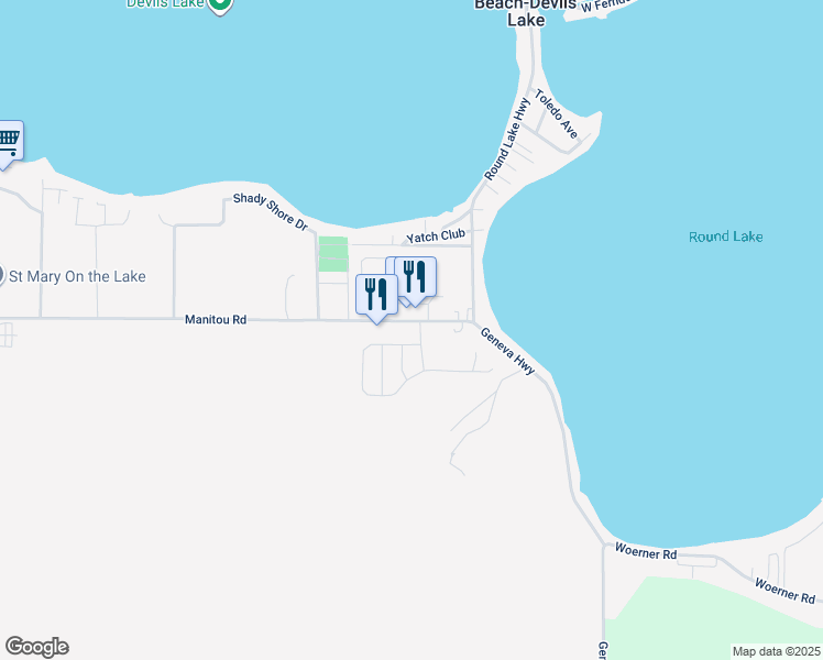 map of restaurants, bars, coffee shops, grocery stores, and more near 789 Manitou Road in Manitou Beach-Devils Lake