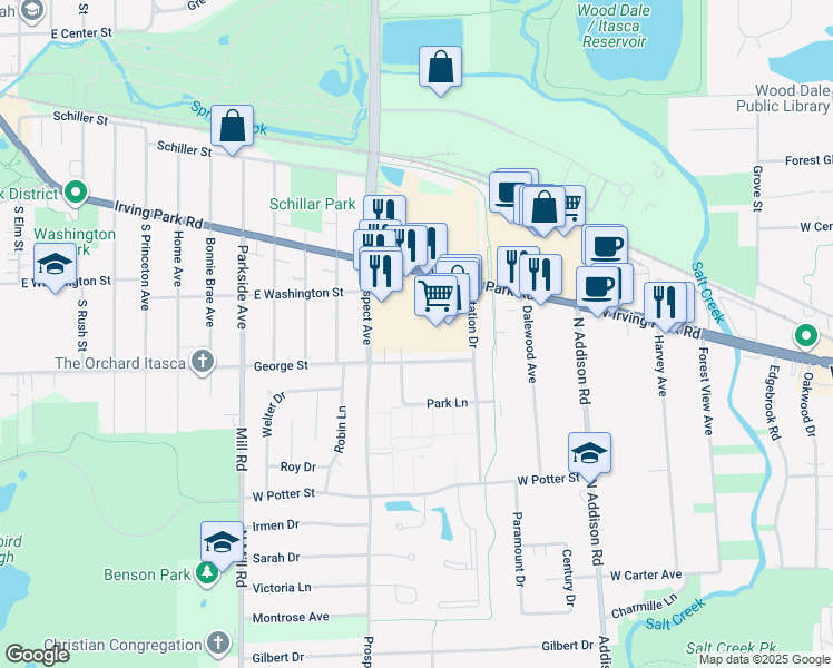 map of restaurants, bars, coffee shops, grocery stores, and more near 489 George Street in Wood Dale