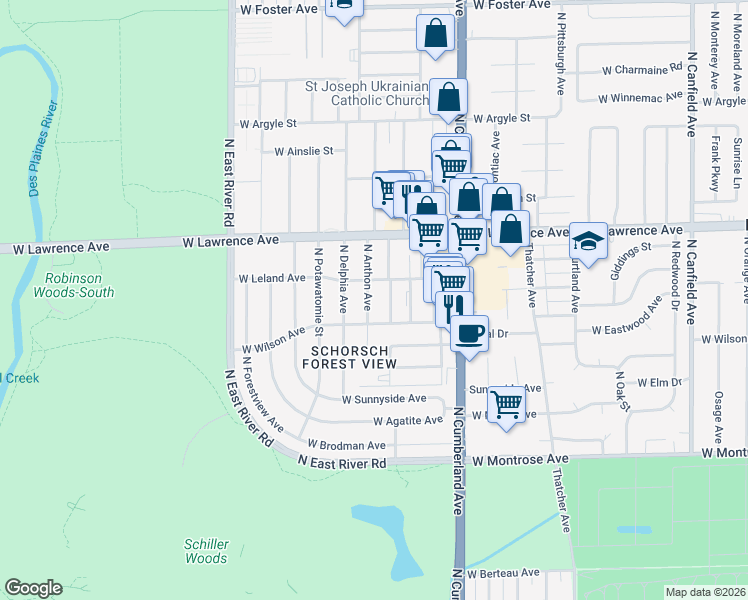 map of restaurants, bars, coffee shops, grocery stores, and more near 4608 North Maria Court in Chicago