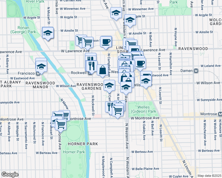 map of restaurants, bars, coffee shops, grocery stores, and more near 4545 North Campbell Avenue in Chicago
