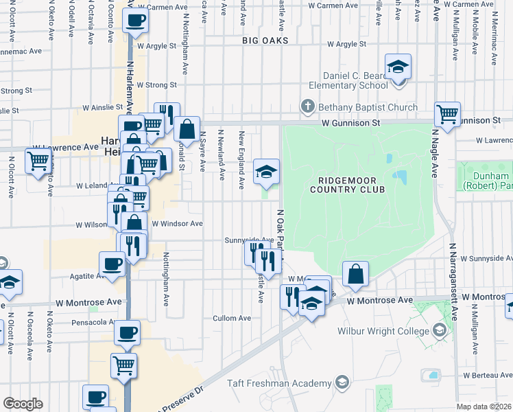 map of restaurants, bars, coffee shops, grocery stores, and more near 4542 North Newcastle Avenue in Harwood Heights