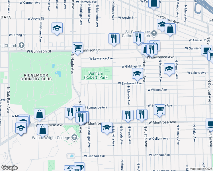 map of restaurants, bars, coffee shops, grocery stores, and more near 4567 North Merrimac Avenue in Chicago