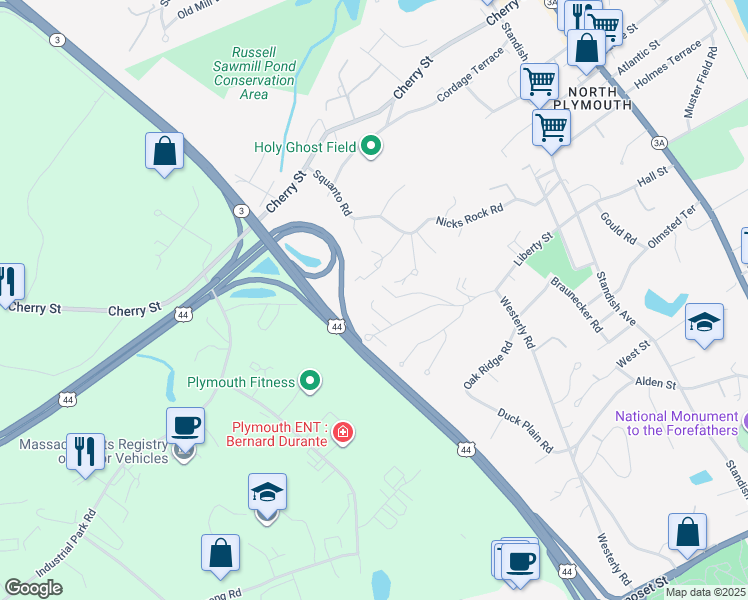 map of restaurants, bars, coffee shops, grocery stores, and more near 73 Liberty Street in Plymouth