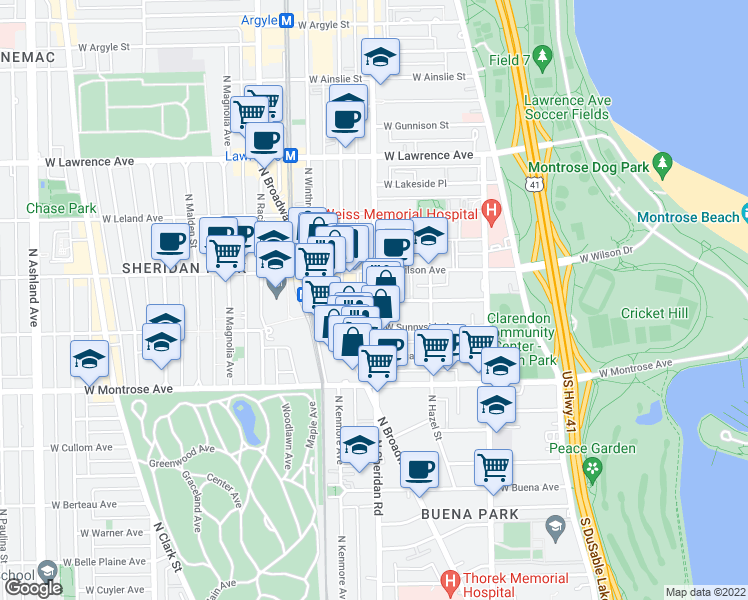 map of restaurants, bars, coffee shops, grocery stores, and more near 4516 North Sheridan Road in Chicago