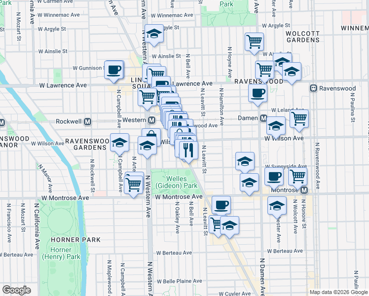 map of restaurants, bars, coffee shops, grocery stores, and more near 4528 North Lincoln Avenue in Chicago
