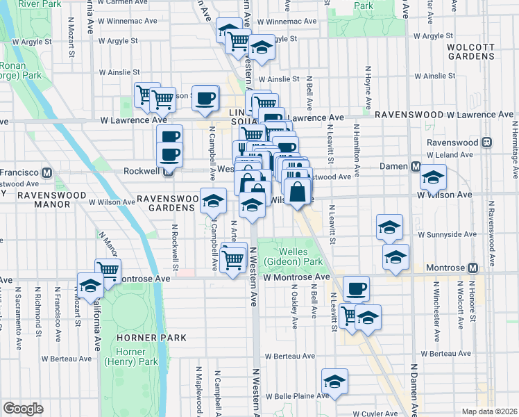 map of restaurants, bars, coffee shops, grocery stores, and more near 4529 North Western Avenue in Chicago