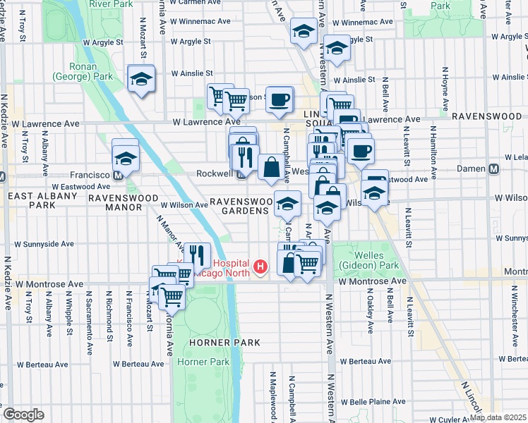 map of restaurants, bars, coffee shops, grocery stores, and more near 4526 North Maplewood Avenue in Chicago