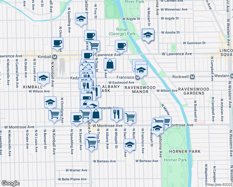 map of restaurants, bars, coffee shops, grocery stores, and more near 4532 North Whipple Street in Chicago