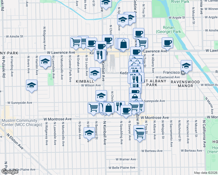 map of restaurants, bars, coffee shops, grocery stores, and more near 4534 North Christiana Avenue in Chicago