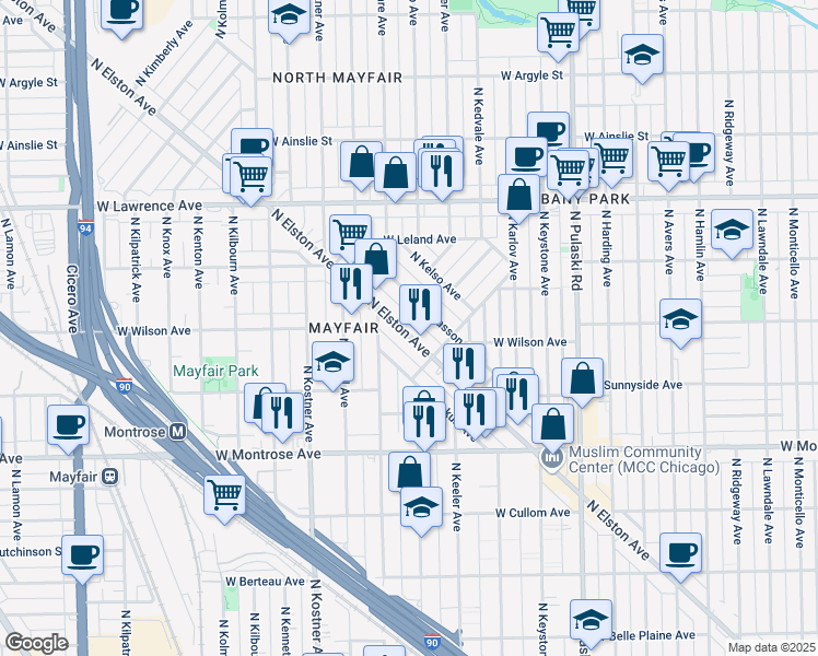 map of restaurants, bars, coffee shops, grocery stores, and more near 4580 North Elston Avenue in Chicago
