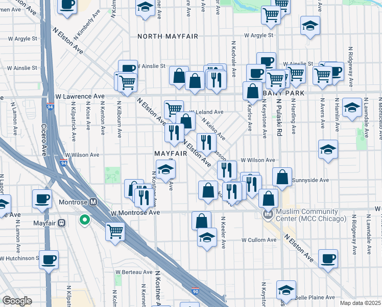 map of restaurants, bars, coffee shops, grocery stores, and more near 4580 North Elston Avenue in Chicago