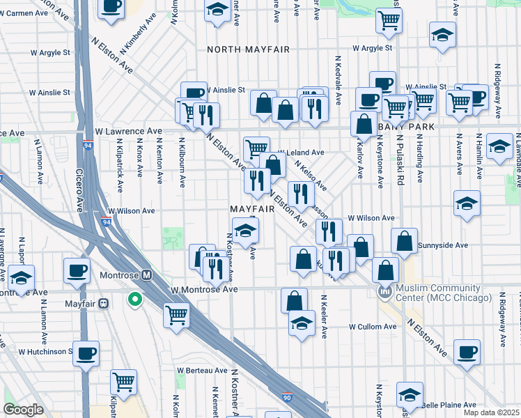 map of restaurants, bars, coffee shops, grocery stores, and more near 4545 North Lowell Avenue in Chicago