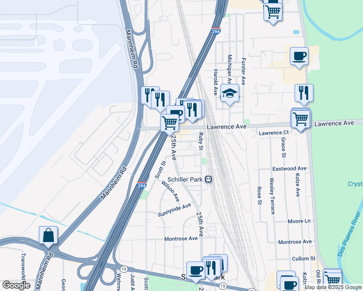 map of restaurants, bars, coffee shops, grocery stores, and more near 9864 Leland Avenue in Schiller Park