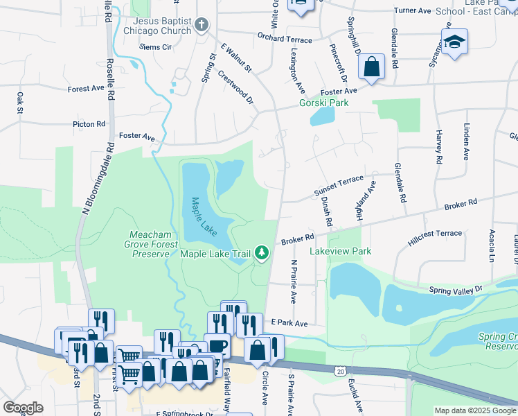 map of restaurants, bars, coffee shops, grocery stores, and more near 191 Hillcrest Terrace in Bloomingdale