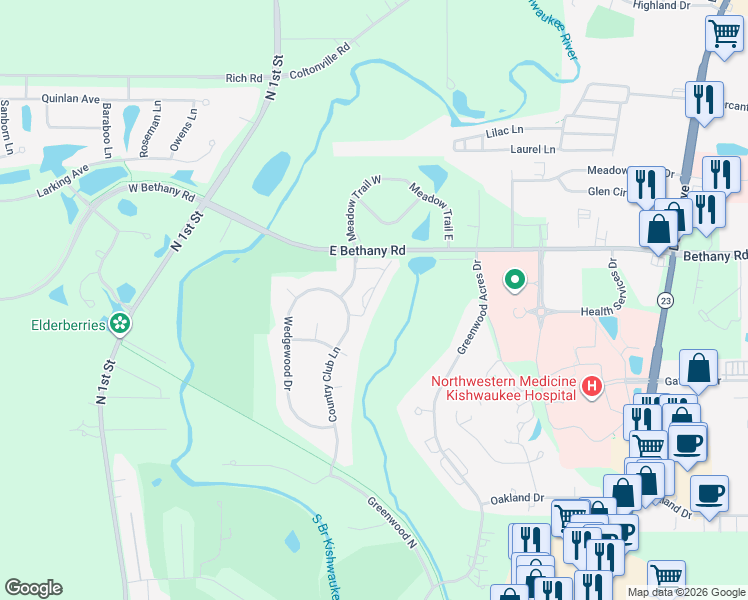 map of restaurants, bars, coffee shops, grocery stores, and more near 3020 Fairway Oaks Drive in DeKalb
