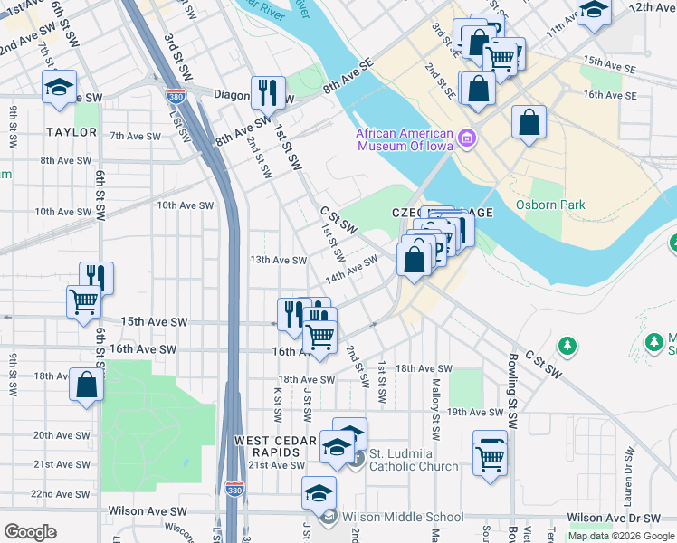 map of restaurants, bars, coffee shops, grocery stores, and more near 187-199 14th Avenue Southwest in Cedar Rapids