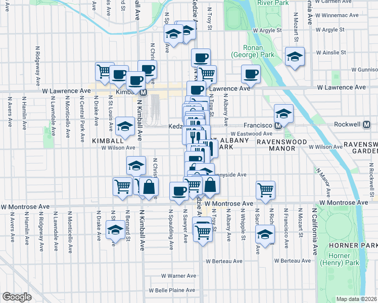 map of restaurants, bars, coffee shops, grocery stores, and more near 3219 West Wilson Avenue in Chicago