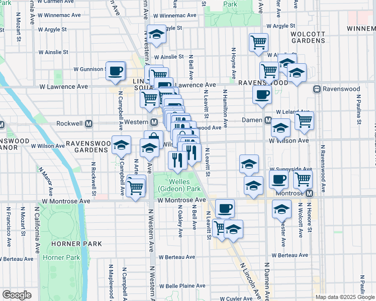 map of restaurants, bars, coffee shops, grocery stores, and more near 4545 North Lincoln Avenue in Chicago