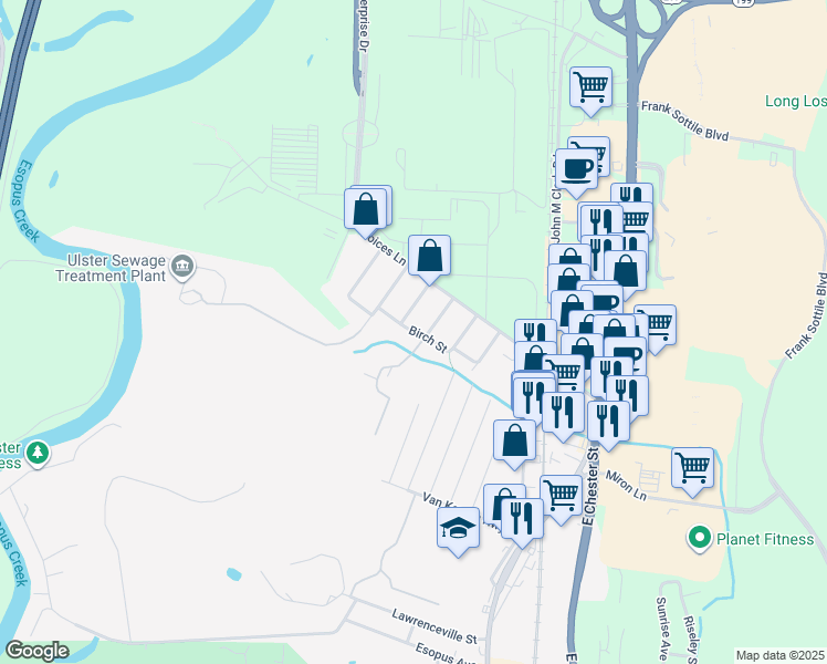 map of restaurants, bars, coffee shops, grocery stores, and more near Birch Street in Kingston