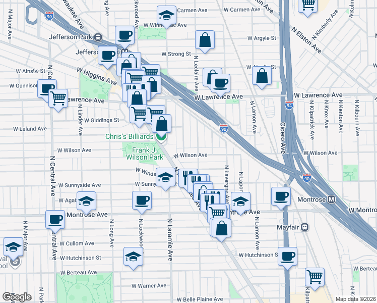 map of restaurants, bars, coffee shops, grocery stores, and more near 5116 West Wilson Avenue in Chicago