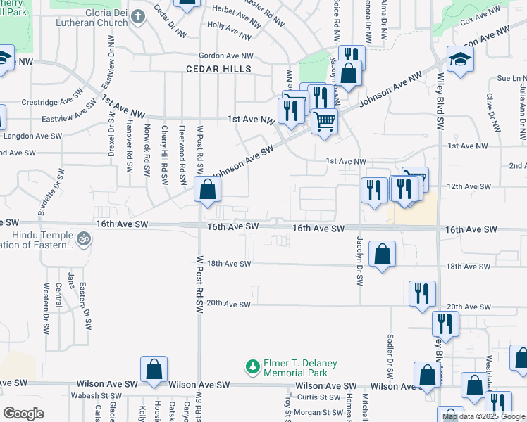 map of restaurants, bars, coffee shops, grocery stores, and more near 5150 16th Avenue Southwest in Cedar Rapids