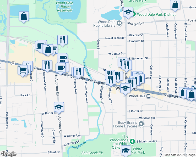 map of restaurants, bars, coffee shops, grocery stores, and more near 212 West Irving Park Road in Wood Dale