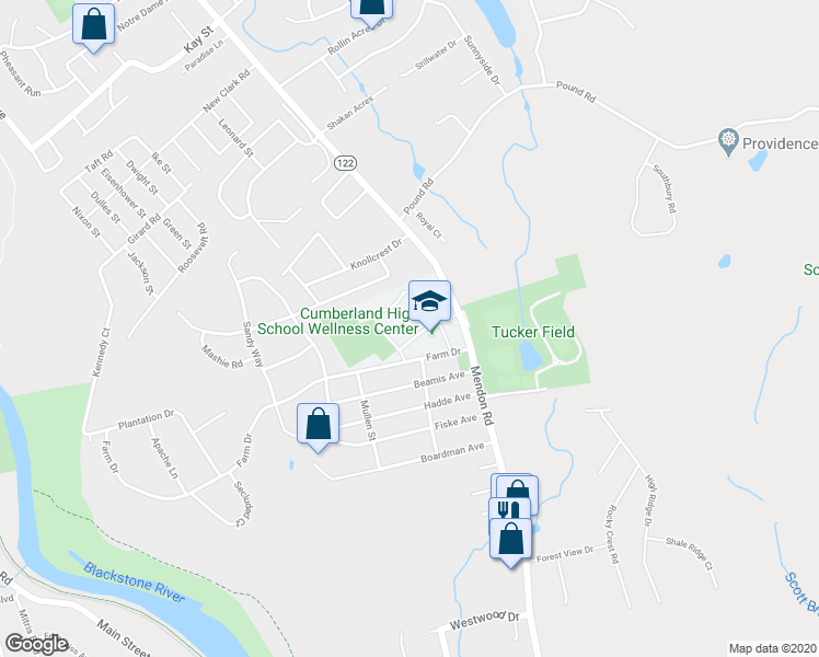 map of restaurants, bars, coffee shops, grocery stores, and more near 2600 Mendon Road in Cumberland