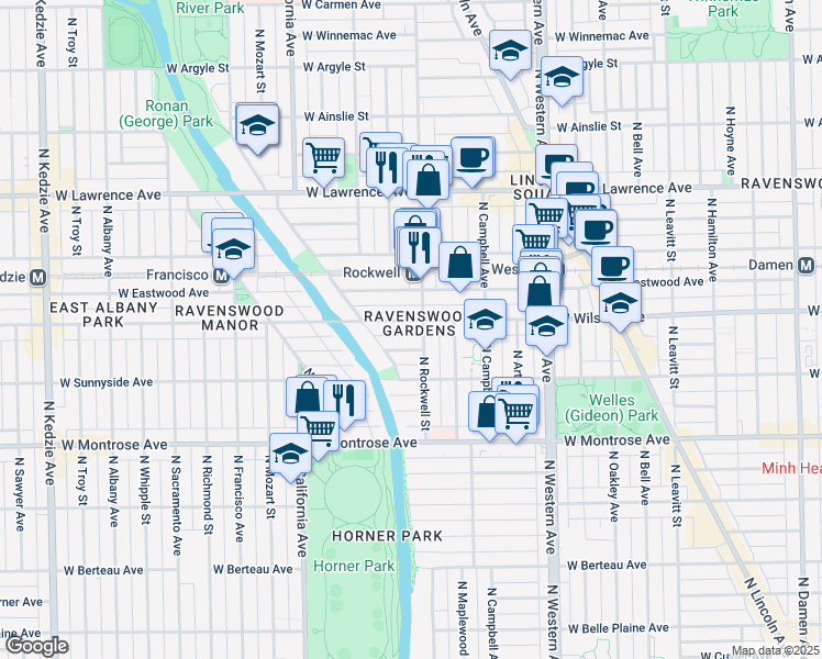 map of restaurants, bars, coffee shops, grocery stores, and more near 2618 West Windsor Avenue in Chicago