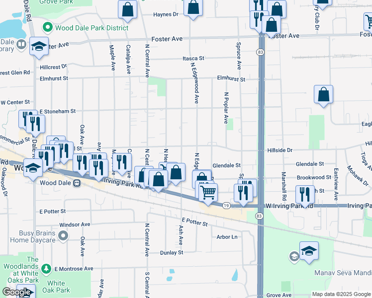 map of restaurants, bars, coffee shops, grocery stores, and more near 303 Ash Avenue in Wood Dale
