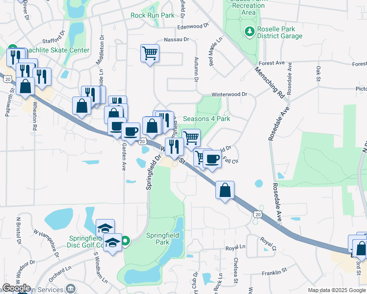 map of restaurants, bars, coffee shops, grocery stores, and more near 266 West Lake Street in Bloomingdale
