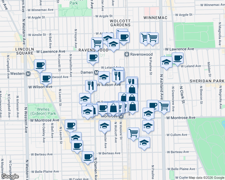map of restaurants, bars, coffee shops, grocery stores, and more near 4540 North Wolcott Avenue in Chicago