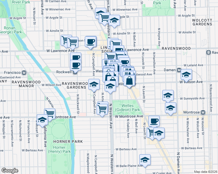 map of restaurants, bars, coffee shops, grocery stores, and more near 4529 North Western Avenue in Chicago