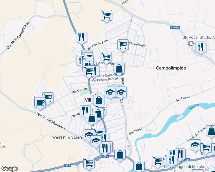 map of restaurants, bars, coffee shops, grocery stores, and more near 33 Via Nazario Sauro in Villanova