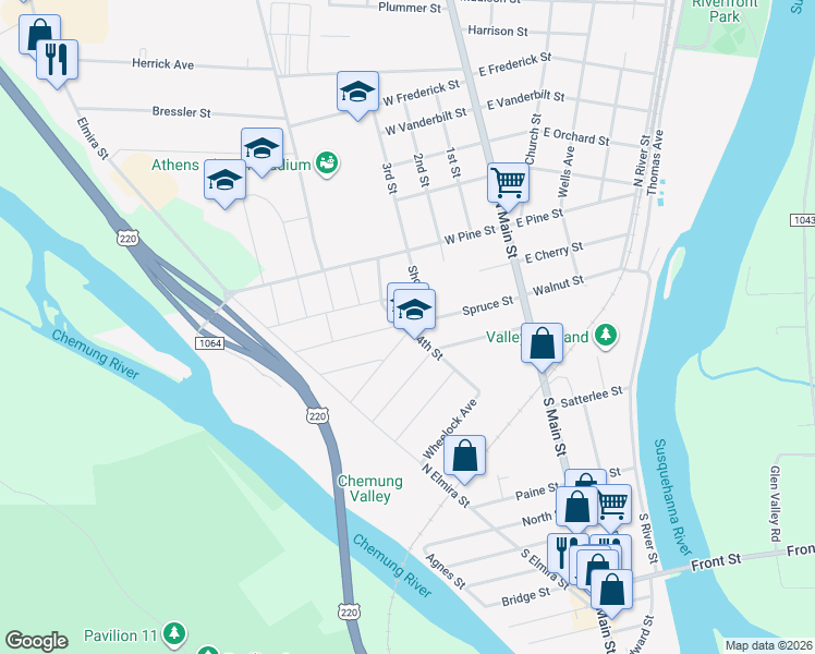 map of restaurants, bars, coffee shops, grocery stores, and more near Pennsylvania Avenue in Athens