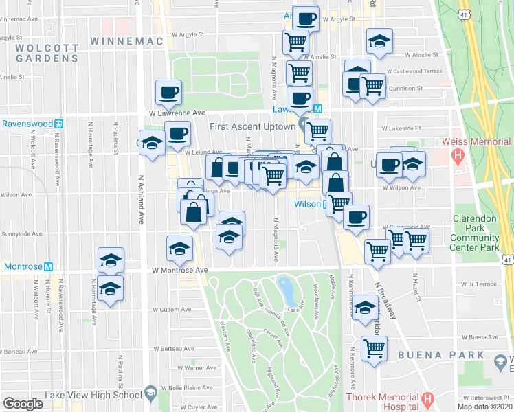 map of restaurants, bars, coffee shops, grocery stores, and more near 4510 North Magnolia Avenue in Chicago