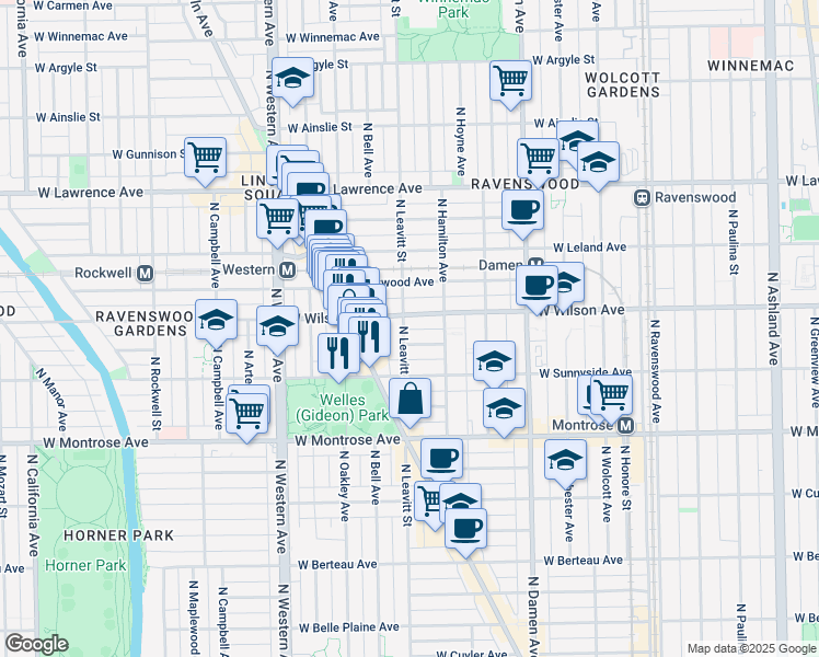 map of restaurants, bars, coffee shops, grocery stores, and more near 4522 North Leavitt Street in Chicago